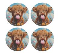 Generic Cute Highland Cow Print Drinks Round Coaster With Cork Base,Set Of 4 Coasters,Tabletop Protection Mat For Mugs And Cups