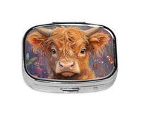 Generic Cute Highland Cow Print Pill Box-2 Compartment Small Pill Case for Purse & Pocket Mini Metal Pill Holder Travel Pill Container