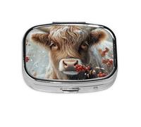 Generic Cute Highland Cow Print Pill Box-2 Compartment Small Pill Case for Purse & Pocket Mini Metal Pill Holder Travel Pill Container