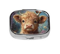 Generic Cute Highland Cow Print Pill Box-2 Compartment Small Pill Case for Purse & Pocket Mini Metal Pill Holder Travel Pill Container