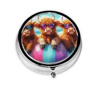 Generic Cute Highland Cow Print Round Pill Box-3 Compartment Small Pill Case for Purse & Pocket Mini Metal Pill Holder Travel Pill Container