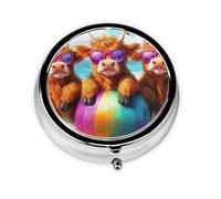 Generic Cute Highland Cow Print Round Pill Box-3 Compartment Small Pill Case for Purse & Pocket Mini Metal Pill Holder Travel Pill Container