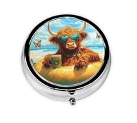 Generic Cute Highland Cow Print Round Pill Box-3 Compartment Small Pill Case for Purse & Pocket Mini Metal Pill Holder Travel Pill Container