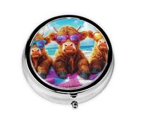 Generic Cute Highland Cow Print Round Pill Box-3 Compartment Small Pill Case for Purse & Pocket Mini Metal Pill Holder Travel Pill Container