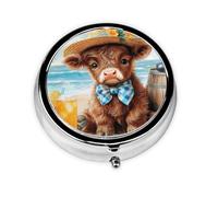 Generic Cute Highland Cow Print Round Pill Box-3 Compartment Small Pill Case for Purse & Pocket Mini Metal Pill Holder Travel Pill Container