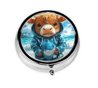 Generic Cute Highland Cow Print Round Pill Box-3 Compartment Small Pill Case for Purse & Pocket Mini Metal Pill Holder Travel Pill Container