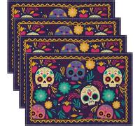 Generic Day of the Dead Skull Placemats 4pcs Mexican Style Table Mats Colorful Flower Skull Table Placemat for Dia De Los Muertos