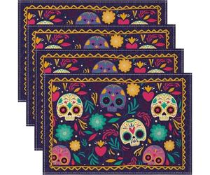 Generic Day of the Dead Skull Placemats 4pcs Mexican Style Table Mats Colorful Flower Skull Table Placemat for Dia De Los Muertos