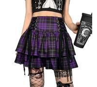 Generic Decadent Rock Style high-Waisted Layered Plaid Strap Eyelet Mini Skirt-Purple-M