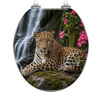 Generic Decorative Resin Toilet Seat with Quiet Close Hinges for Bathroom | Majestic leopard lying mossy rock waterfall pink flowers pattern, quick release hinges, includes cover, easy to clean