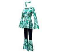 Generic Disco Outfit Hippie Costume for Women, 60s 70s Outfit Abba Flower Power Top with Flared Sleeves, Bell-Bottom Pants Headband Hippie, Carnival Women, Green, L