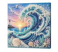 Generic DIY Pearl Painting with Wooden Frame 20x20cm Ocean Series | Canvas Bead Art Full Set Dot Pen Tray Wax for Home Wall Decor Beginners Friends Family Gift