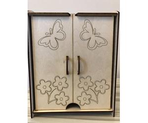 Generic Doll Wardrobe - Wooden, Medium, Natural, Classic, Traditional, 1:12 Scale, Unisex, Butterfly Theme