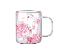 Generic Double Walled Dried Flowers Glass Coffee Mug, 250ml Clear Floral Pattern Square Cup