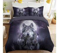 Generic Duvet Cover Set Purple Black Fantasy Mysterious Elegant Moon Dreamcatcher Wolf Print Bedding Set with 2 Pillowcases, Reversible Design Super King Size 115" x 93" for Teen Bedroom