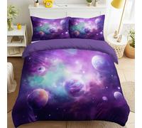 Generic Duvet Cover Sets, Easy Care Bedding Bed Set 90" x 87", Vintage Fantasy Mysterious Poster Space Galaxy Universe Duvet Covers With 2 Matching Pillowcases 50 x 75 cm for Kids & Adults Purple