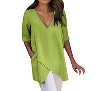 Generic E-113 Lime Green Loose Fit Long Shirts for Women Fall Summer Short Sleeve Vneck Faux Linen Casual Plain Tops Blouses Shirts Womens 2024 Soft Comfy Clothes Fashion WZ 4XL
