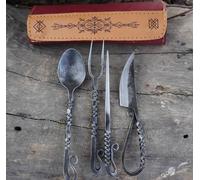 Generic Edge Master Hand Forged Viking cutlery set Fork Knife and Spoon Medieval Feastware,4Pcs Carbon Steel, Multicolor with beautiful Leather Kit, Best gift, 7 Inch