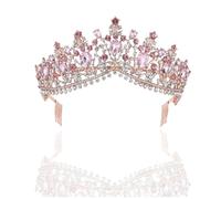 Generic Elegant Large Crown with Side Combs for Secure Fixation, Alloy and Rhinestone Bridal Tiara in Golden and Pink, Hair Accessory for Wedding and Prom, Suitable for Women