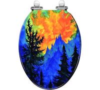 Generic Elongated Resin Toilet Seat with Quick Release Hinges Quiet Close | Decorative blue fire dragon, burning sun medieval fantasy gothic design, includes seat cover, easy to install