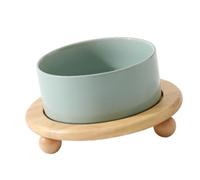 Generic Ergonomic Ceramic Raised Cat Bowl with Wood Stand, Anti Vomiting Cat Food Dish for Improved Digestion, Height Adjustable Feeder for Mobility Issues (Light Green)