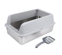 Generic Extra Large Cat Litter Box, Stainless Steel High Sided Litter Tray, Low Entry Pan with Top Entry & Open Top, Include Scoop, Ideal for Kitty Cat (Light Grey)