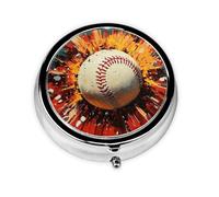 Generic Fire Baseball Print Round Pill Box-3 Compartment Small Pill Case for Purse & Pocket Mini Metal Pill Holder Travel Pill Container