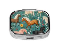 Generic Floral Horses Print Square Pill Box-2 Compartment Small Pill Case for Purse & Pocket Mini Metal Pill Holder Travel Pill Container