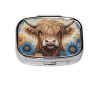 Generic Flower Highland Cow Print Square Pill Box-2 Compartment Small Pill Case for Purse & Pocket Mini Metal Pill Holder Travel Pill Container