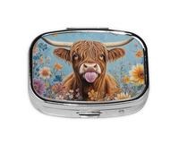 Generic Flower Highland Cow Print Square Pill Box-2 Compartment Small Pill Case for Purse & Pocket Mini Metal Pill Holder Travel Pill Container