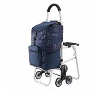 Generic Foldable Shopping Cart with Seat Rolling Trolley Push Handle Aluminum Frame Portable Folding Chair Mobility Aid Suitable for Seniors Market Trips Walks, Blue, Stair Climbing