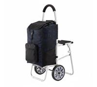 Generic Foldable Shopping Cart with Seat Rolling Trolley Push Handle Aluminum Frame Portable Folding Chair Mobility Aid Suitable for Seniors Market Trips Walks, Blue Black, Flat Ground