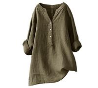 Generic for Women Cotton Linen Long-Sleeved Shirt Solid Colour V-Neck Button Down Shirt Classic Loose Basic Shirt Fashion Stand-up Collar Blouse Casual Daily Cotton Linen Shirt