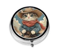 Generic Funny Cowboy Cat Print Round Pill Box-3 Compartment Small Pill Case for Purse & Pocket Mini Metal Pill Holder Travel Pill Container