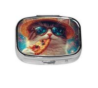 Generic Galaxy Pizza Cat Print Square Pill Box-2 Compartment Small Pill Case for Purse & Pocket Mini Metal Pill Holder Travel Pill Container