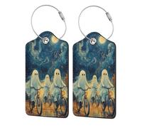 Generic Ghosts On Bicycles Print Pu Leather Luggage Tags, Name Id Labels with Privacy Cover for Women and Men Suitcases Travel Bags Luggage Bags