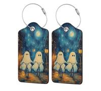 Generic Ghosts On Bicycles Print Pu Leather Luggage Tags, Name Id Labels with Privacy Cover for Women and Men Suitcases Travel Bags Luggage Bags
