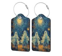 Generic Ghosts On Bicycles Print Pu Leather Luggage Tags, Name Id Labels with Privacy Cover for Women and Men Suitcases Travel Bags Luggage Bags