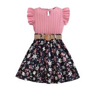 Generic Girls 2 Piece Outfits, Pink Floral Solid Color Ruffled Cuffs Ruched Tops and Print Pleated Skirt with Belt, 7-12 Years