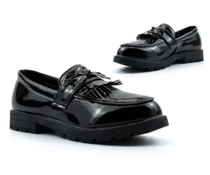 Generic Girl's Black Patent School Loafers - Size 2 UK, Block Heel 2.5cm, Slip On, Target Gender: Female, Age Group: Big Kid, Shoe Type: Loafer, Department: Girl's, Color: Black, Size: 2 UK