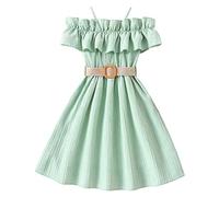 Generic Girls Dresses Summer Sleeveless Solid Color Dress Dance Party with Belt Clothes Bow Sleeveless Suspender Sundress Kids Girl's Summer Party Brithday Wedding Dress (Green, 10-11 Years)