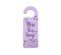 Generic Girls Room Door Sign: Keep Out Messy Room - Bless This Mess. Modern Purple Rectangular Sign with Floral Pattern. Door & Wall Mount. Size S
