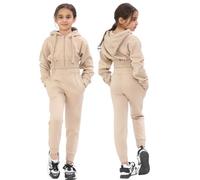 Generic Girls Tracksuit Set 2 Piece Crop Sweatshirt and Jogging Bottoms Set for Kids Activewear Gifts for Children’s Girl Age 7-14 Years (Nude, 13-14 Year)