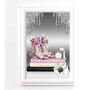 Generic Glam Books Perfume Print, Shoe Bedroom Wall Art, No Frame, Digital Glitter,Pink Silver Grey Office Picture A4 (28)