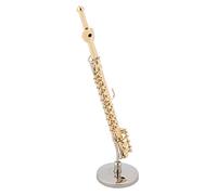 Generic Gold Plated Miniature Flute Replica with Stand and Wooden Case for Decor Music Room and Bookcase Gift