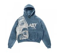 Generic Gothic Punk Grunge Skull Print Denim Hoodie Unisex XXL Blue Cotton Winter Gothic, Streetwear Loose Fit Zipper Hoodie