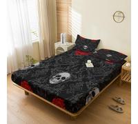 Generic Gothic Skull Fitted Sheet Small Double, with 2 Pillowcases - Damask Floral Bed Sheets & Bedroom Decor & Gift, 30 cm Deep Pocket, Soft Brushed Microfiber Bedding - SWJ2184