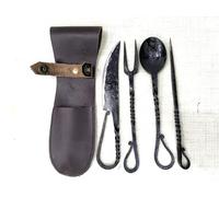 Generic Hand Forged Medieval Eating Utensil Set Twisted Design Handmade Fully Functional Fork Knife Spoon And Food Stick Medieval Cutlery Set, With Leather Carrying Pouch Unisex Gift (Pack of 4)