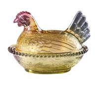 Generic Hen Nest Glass Dish with Lid Crystal Glass Candy Jar Thicken Hen-Shaped Fruit Bowl Vintage Dessert Snack Plate for Home Decoration (Yellow)