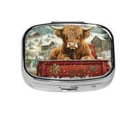 Generic Highland Cow in Red Truck Print Square Pill Box-2 Compartment Small Pill Case for Purse & Pocket Mini Metal Pill Holder Travel Pill Container